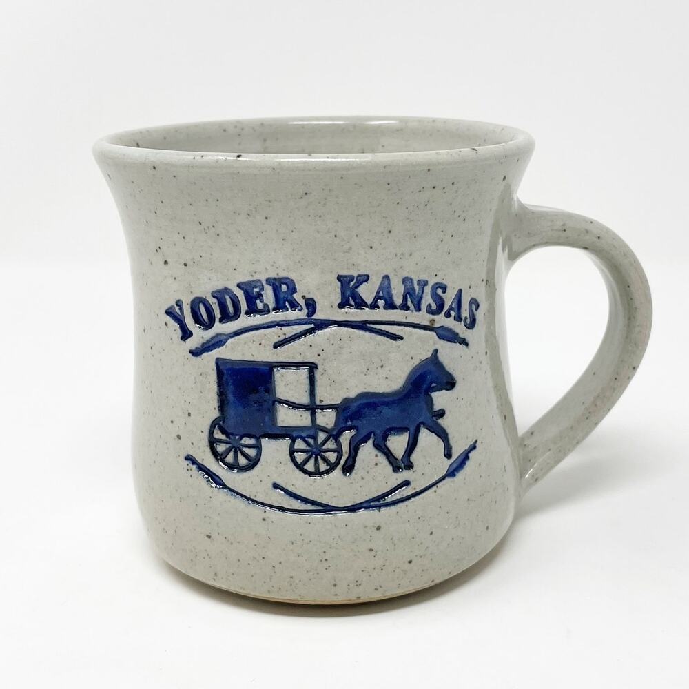 Elk Falls Pottery Yoder, Kansas Blue Speckled Coffee Mug Cup Carriage Horse EUC